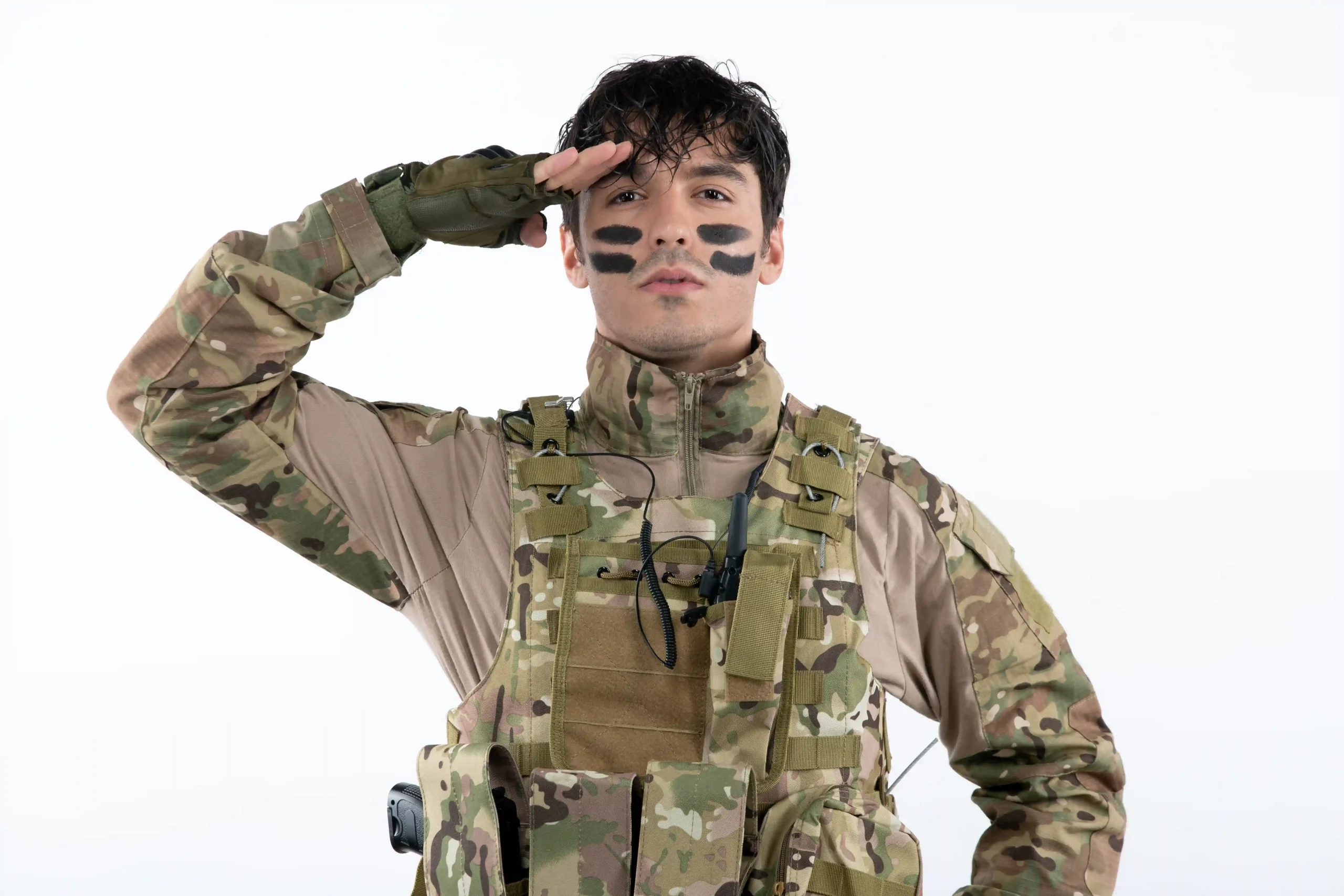 1-portrait-male-soldier-camouflage-saluting-white-wall