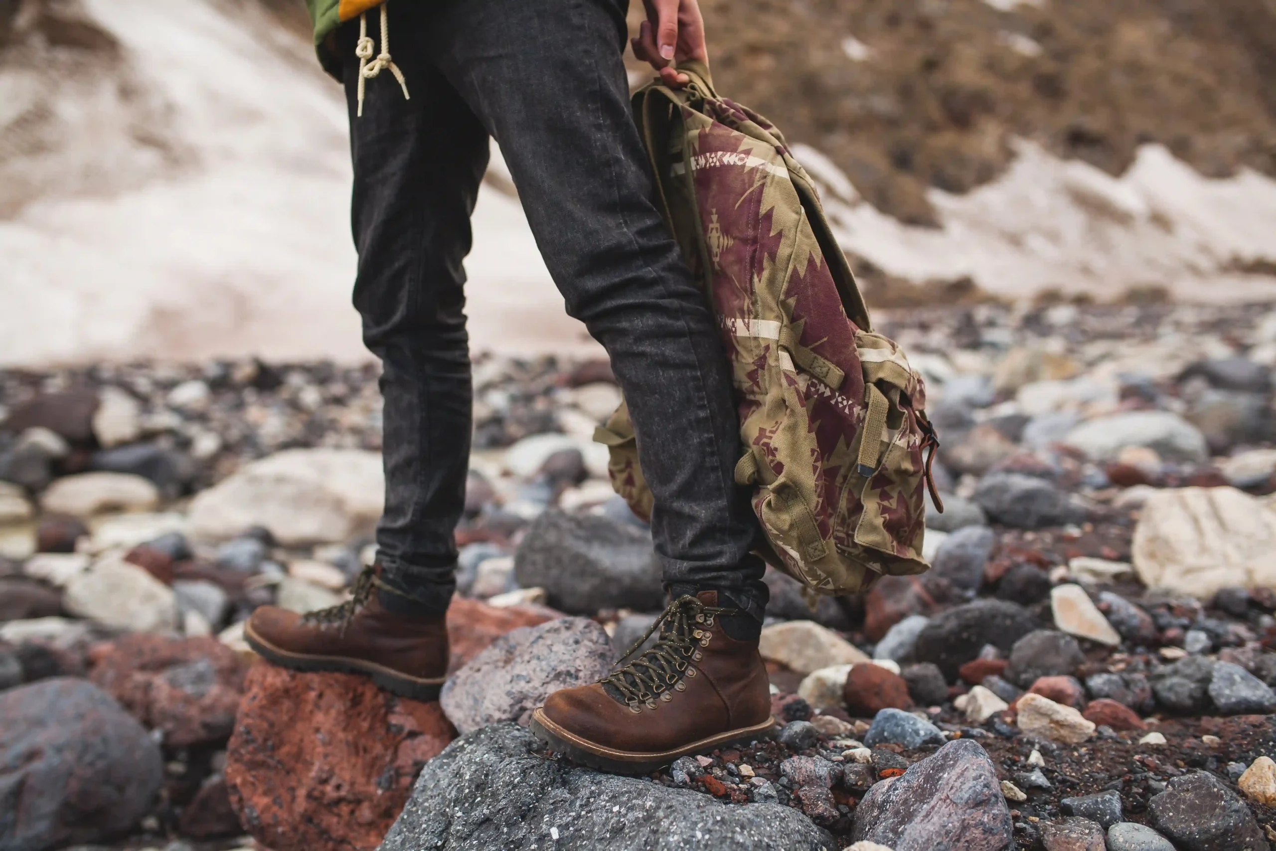 1-young-hipster-man-hiking-by-river-wild-nature-winter-vacation-holding-backpack-hands-close-up-details